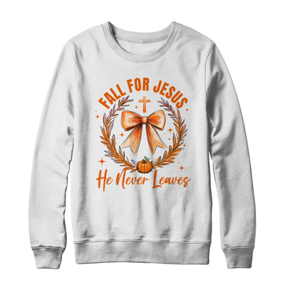 Fall For Jesus He Never Leaves Fall Autumn Coquette Bow Pumpkin Shirt & Sweatshirt | teecentury