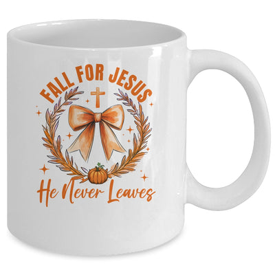 Fall For Jesus He Never Leaves Fall Autumn Coquette Bow Pumpkin Mug | teecentury