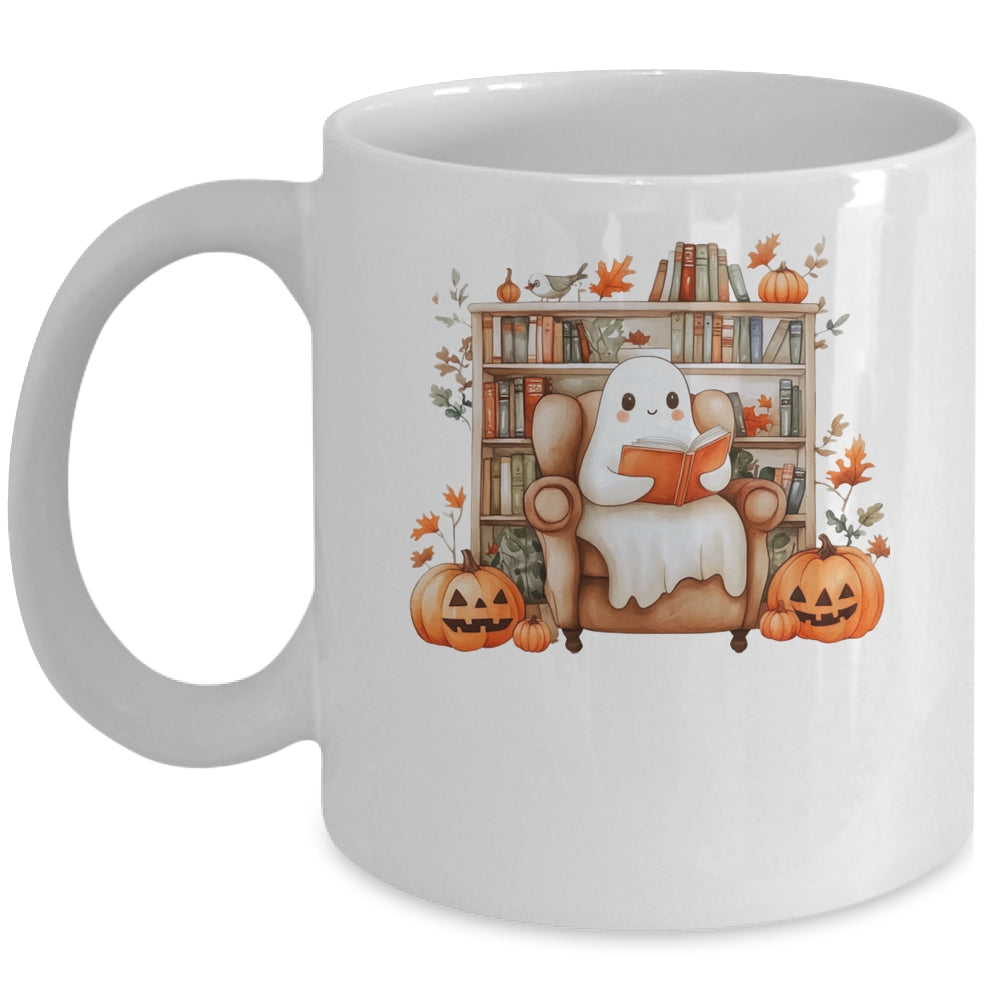 Fall Halloween Cute Ghost Reading Book Spooky Pumpkin Women Mug | teecentury
