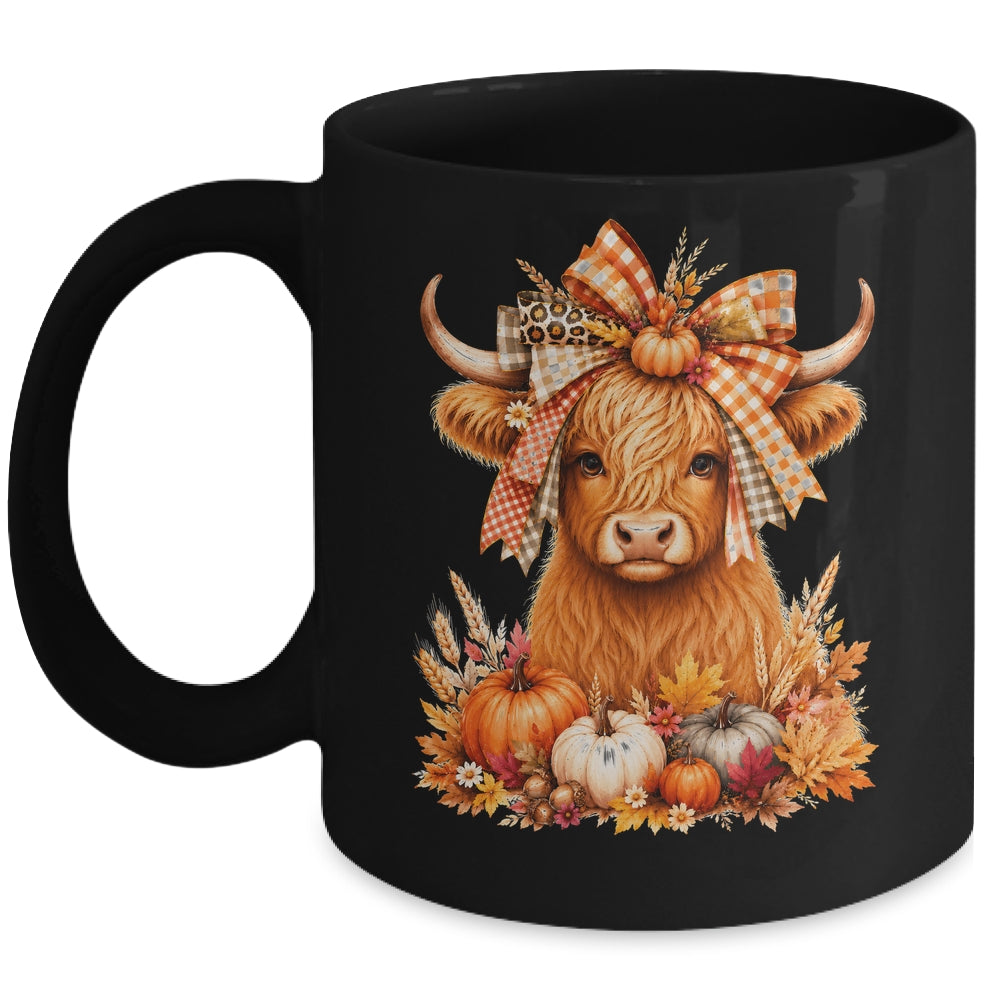 Fall Highland Cow Autumn Pumpkin Bow Floral Western Mug | teecentury