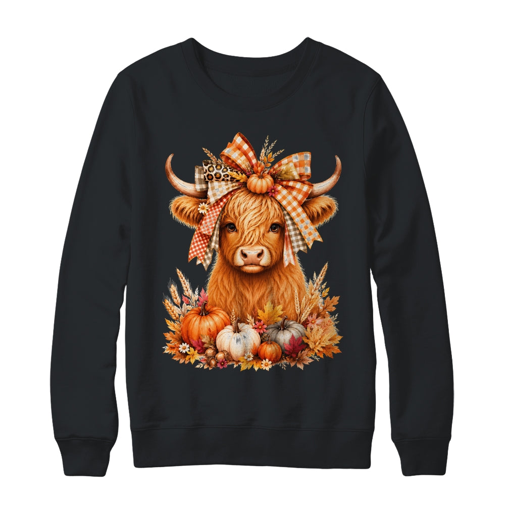 Fall Highland Cow Autumn Pumpkin Bow Floral Western Shirt & Sweatshirt | teecentury