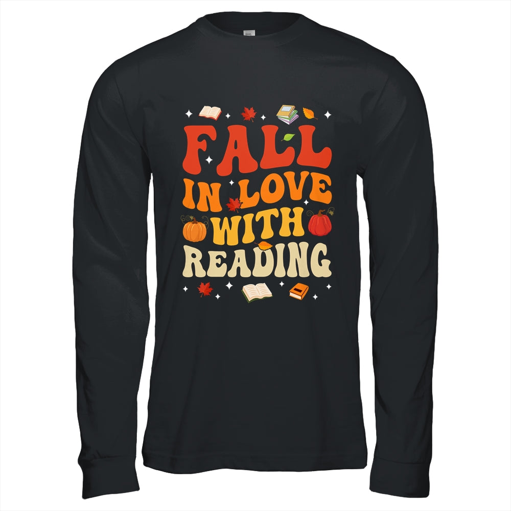 Fall In Love With Reading Book Autumn Pumpkin Teacher Groovy Shirt & Hoodie | teecentury