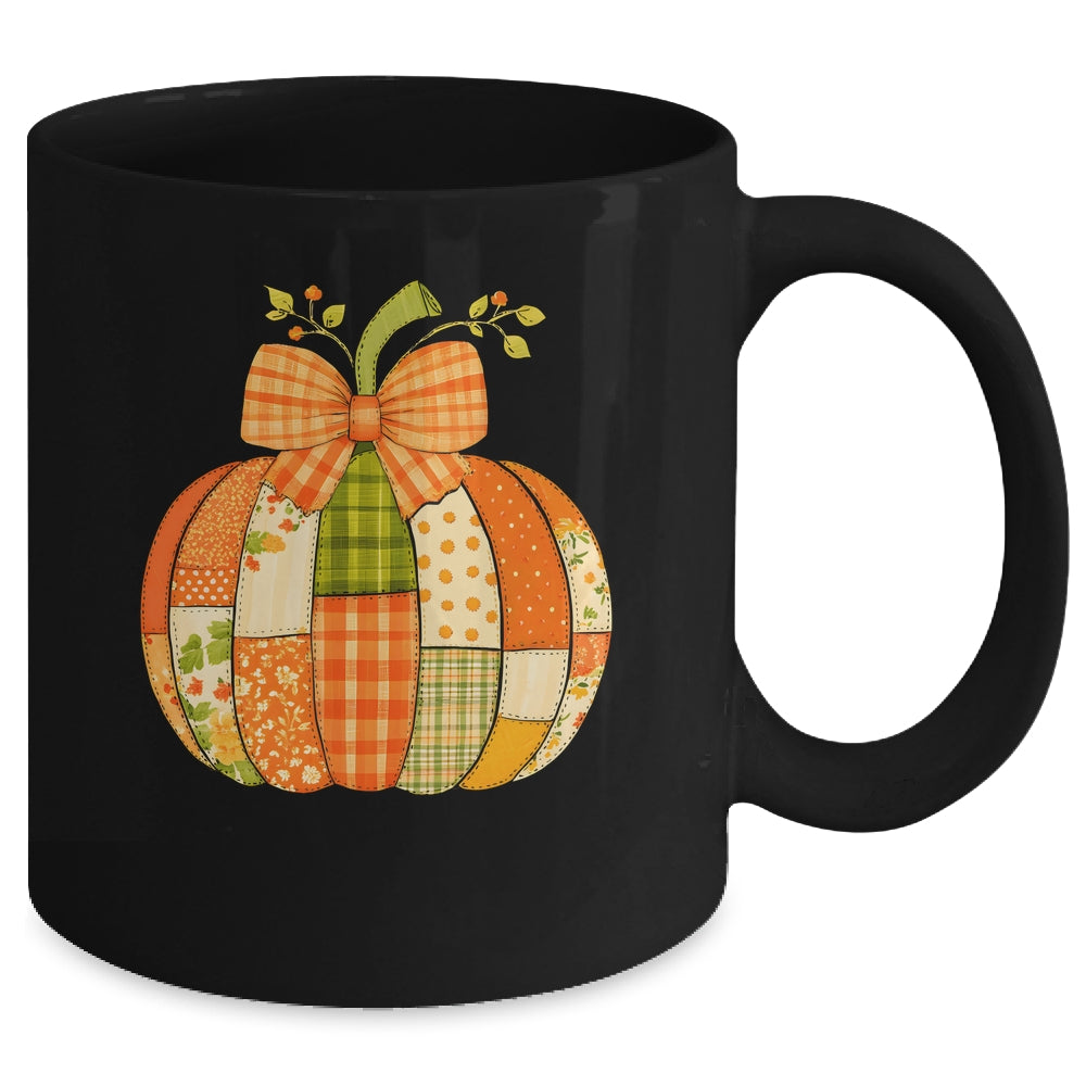 Fall Patchwork Pumpkin Bow Autumn Halloween Thanksgiving Mug | teecentury