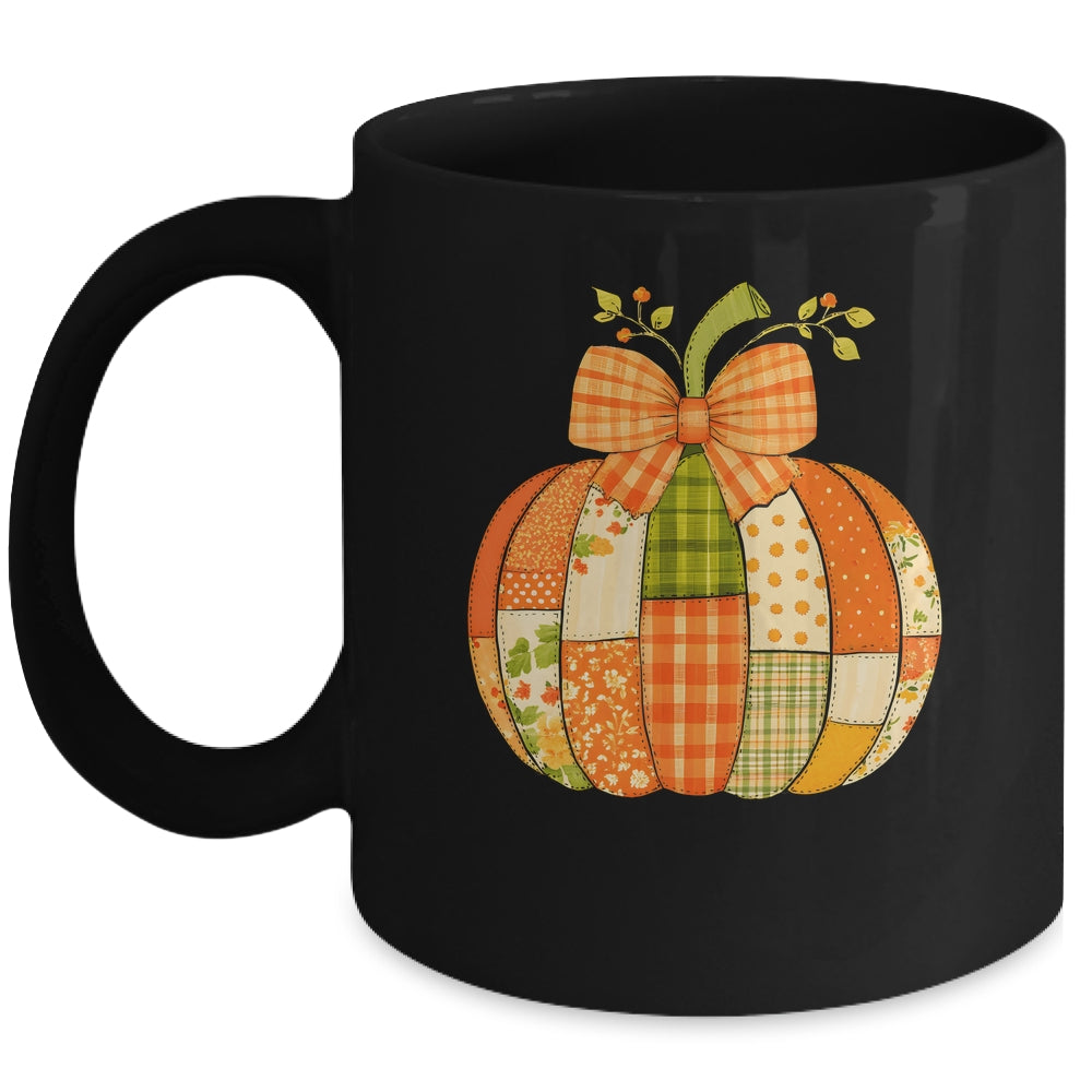 Fall Patchwork Pumpkin Bow Autumn Halloween Thanksgiving Mug | teecentury