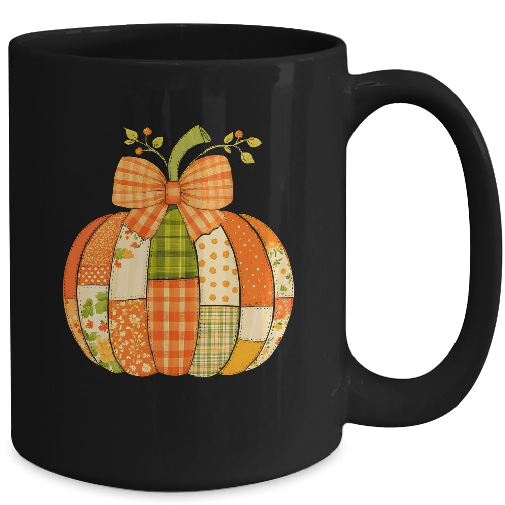 Fall Patchwork Pumpkin Bow Autumn Halloween Thanksgiving Mug | teecentury