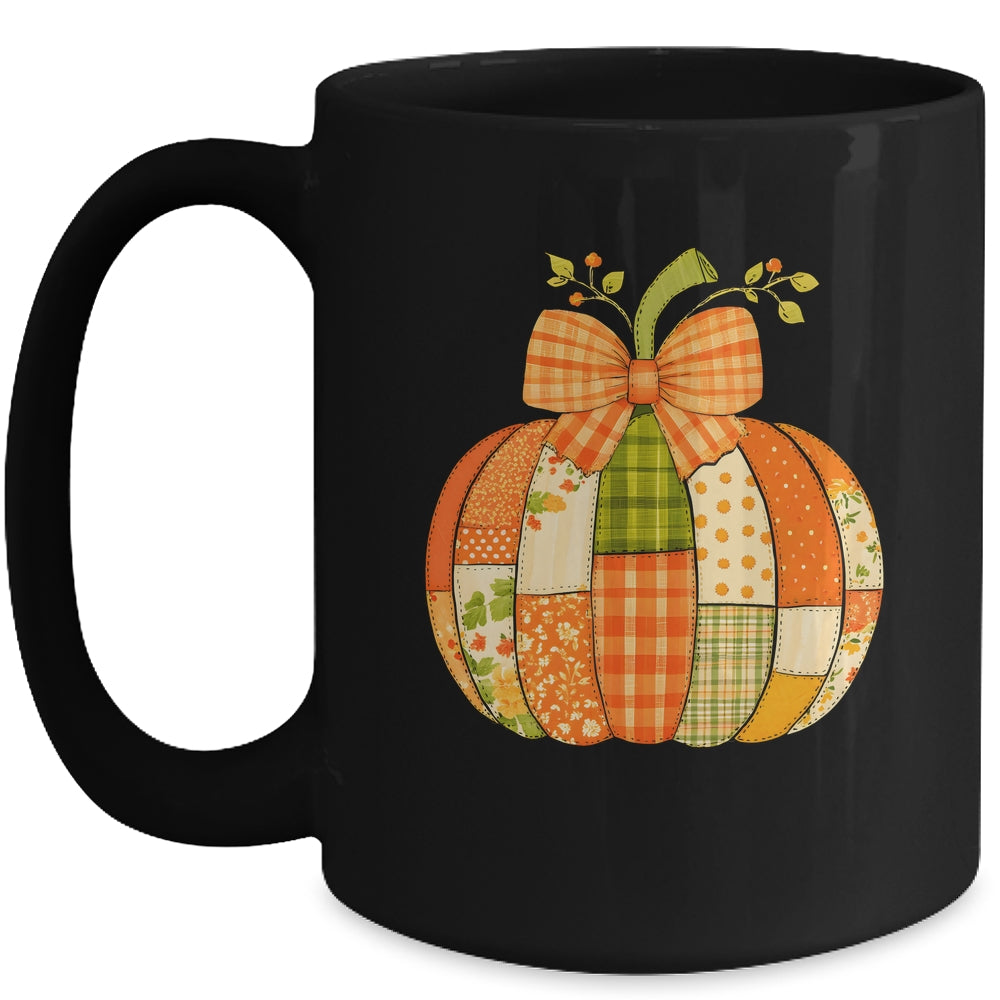 Fall Patchwork Pumpkin Bow Autumn Halloween Thanksgiving Mug | teecentury
