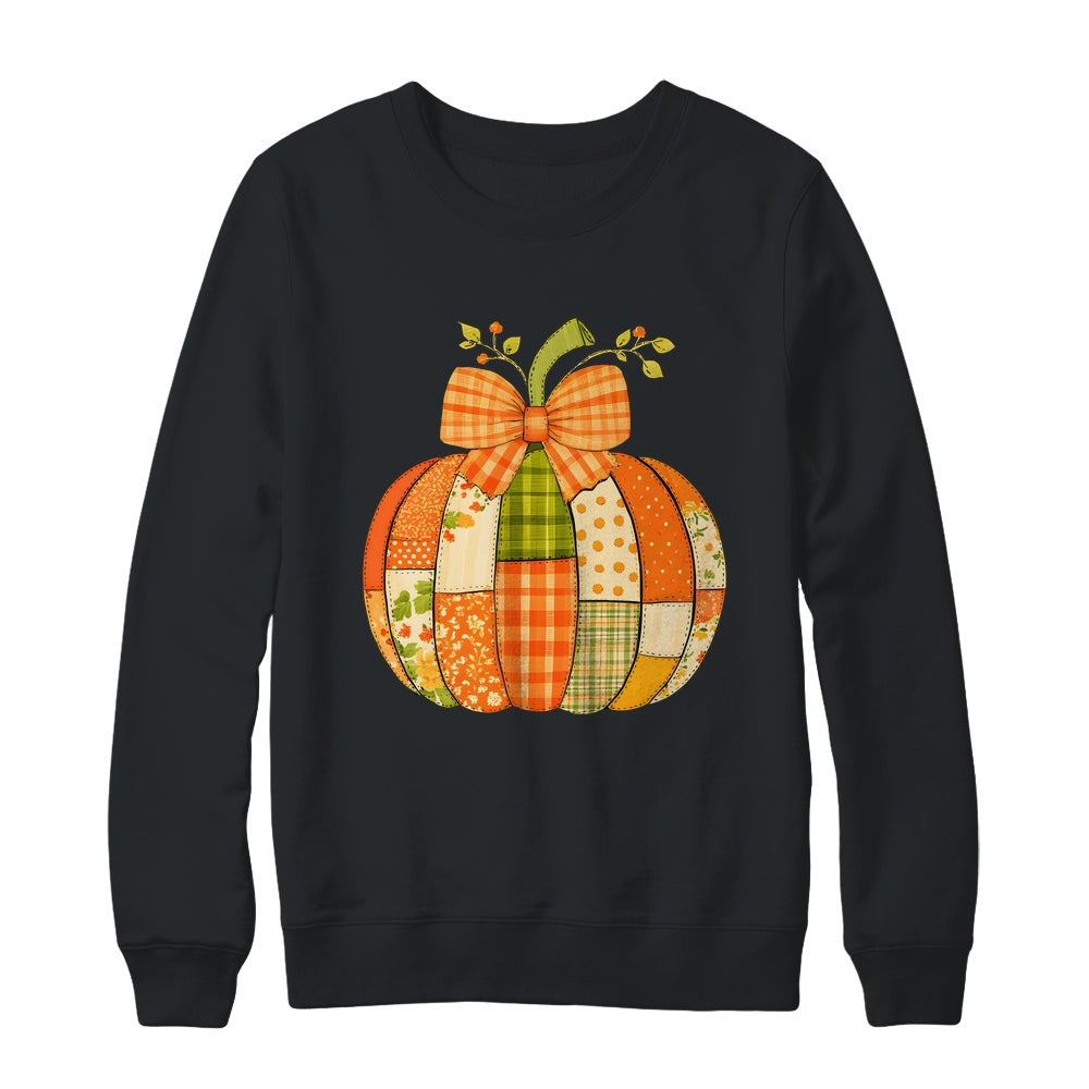 Fall Patchwork Pumpkin Bow Autumn Halloween Thanksgiving Shirt & Sweatshirt | teecentury
