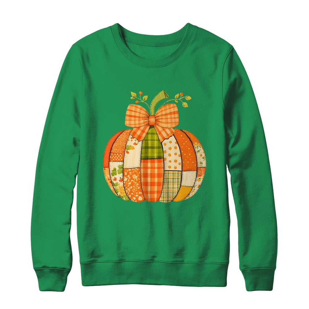 Fall Patchwork Pumpkin Bow Autumn Halloween Thanksgiving Shirt & Sweatshirt | teecentury