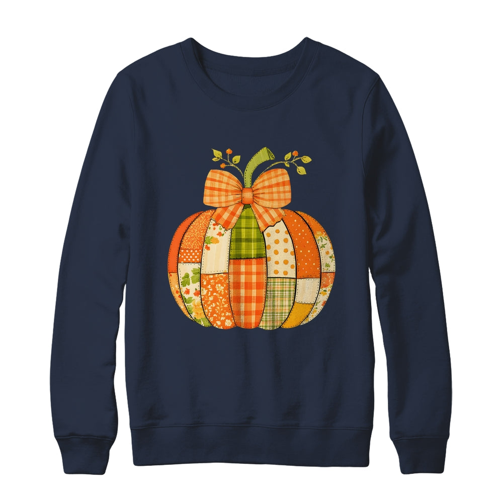 Fall Patchwork Pumpkin Bow Autumn Halloween Thanksgiving Shirt & Sweatshirt | teecentury