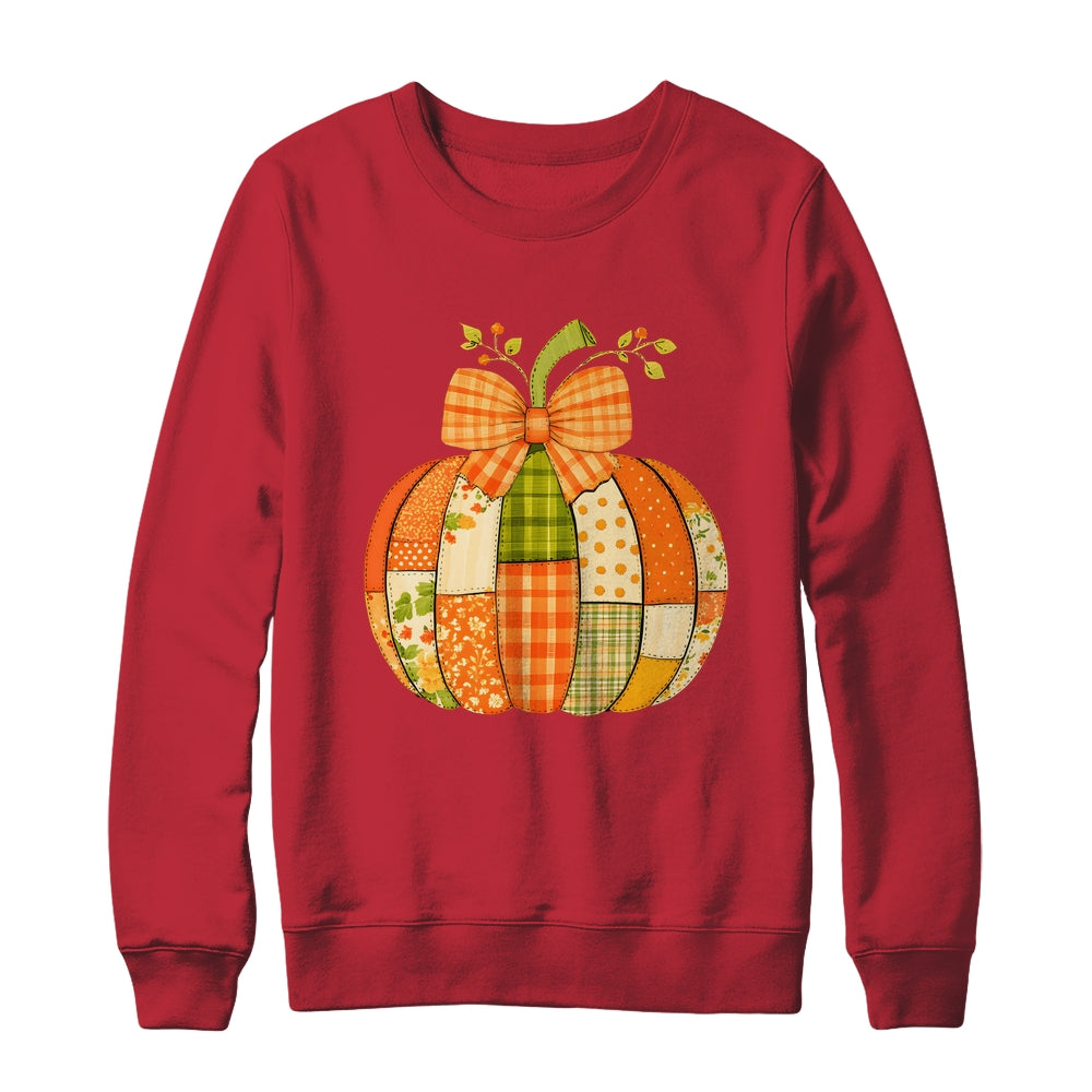Fall Patchwork Pumpkin Bow Autumn Halloween Thanksgiving Shirt & Sweatshirt | teecentury