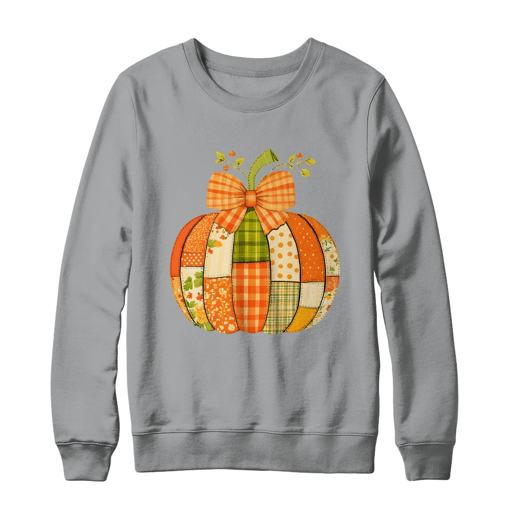 Fall Patchwork Pumpkin Bow Autumn Halloween Thanksgiving Shirt & Sweatshirt | teecentury