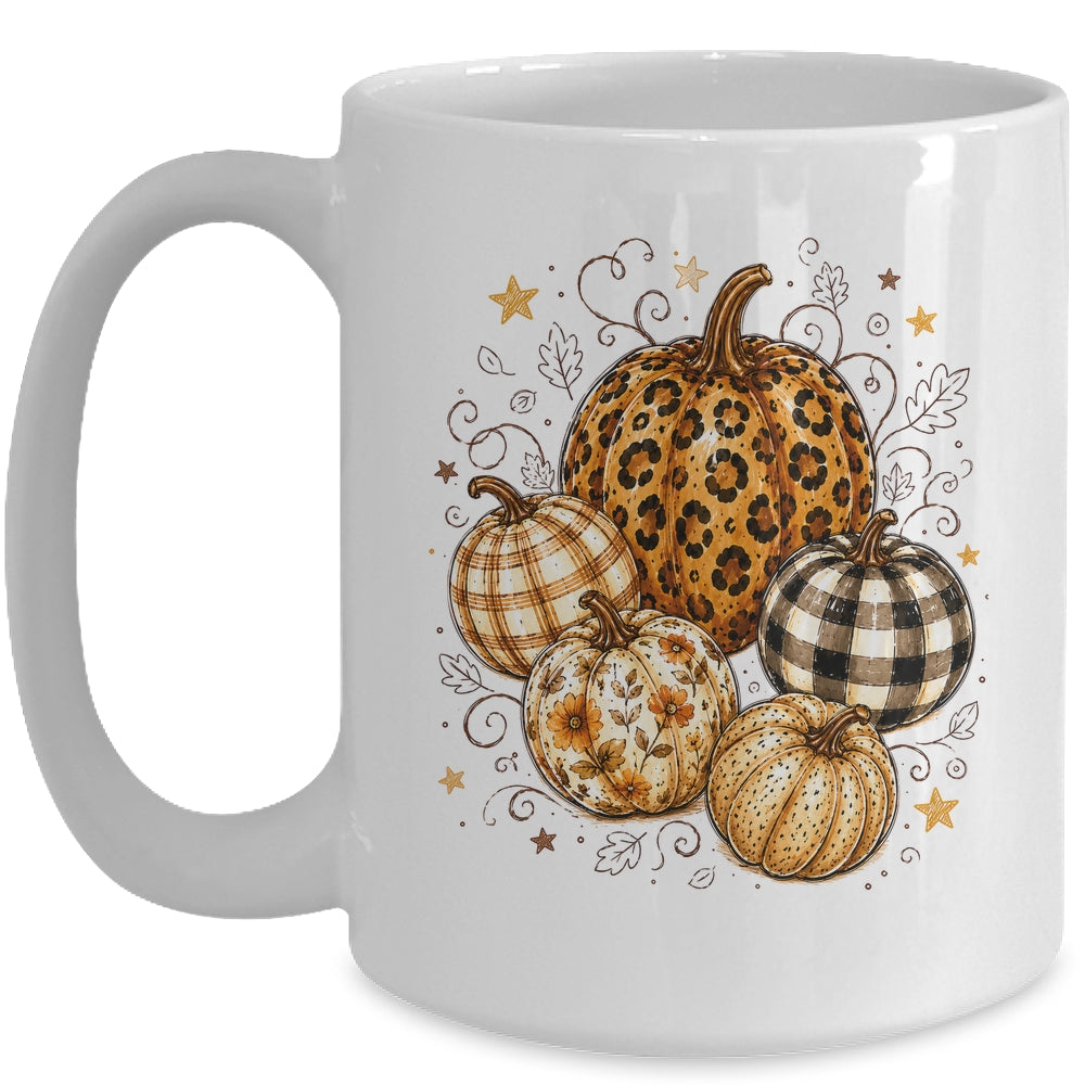 Fall Pumpkin Leopard Print Polka Dot Checkered Fall Autumn Mug | teecentury