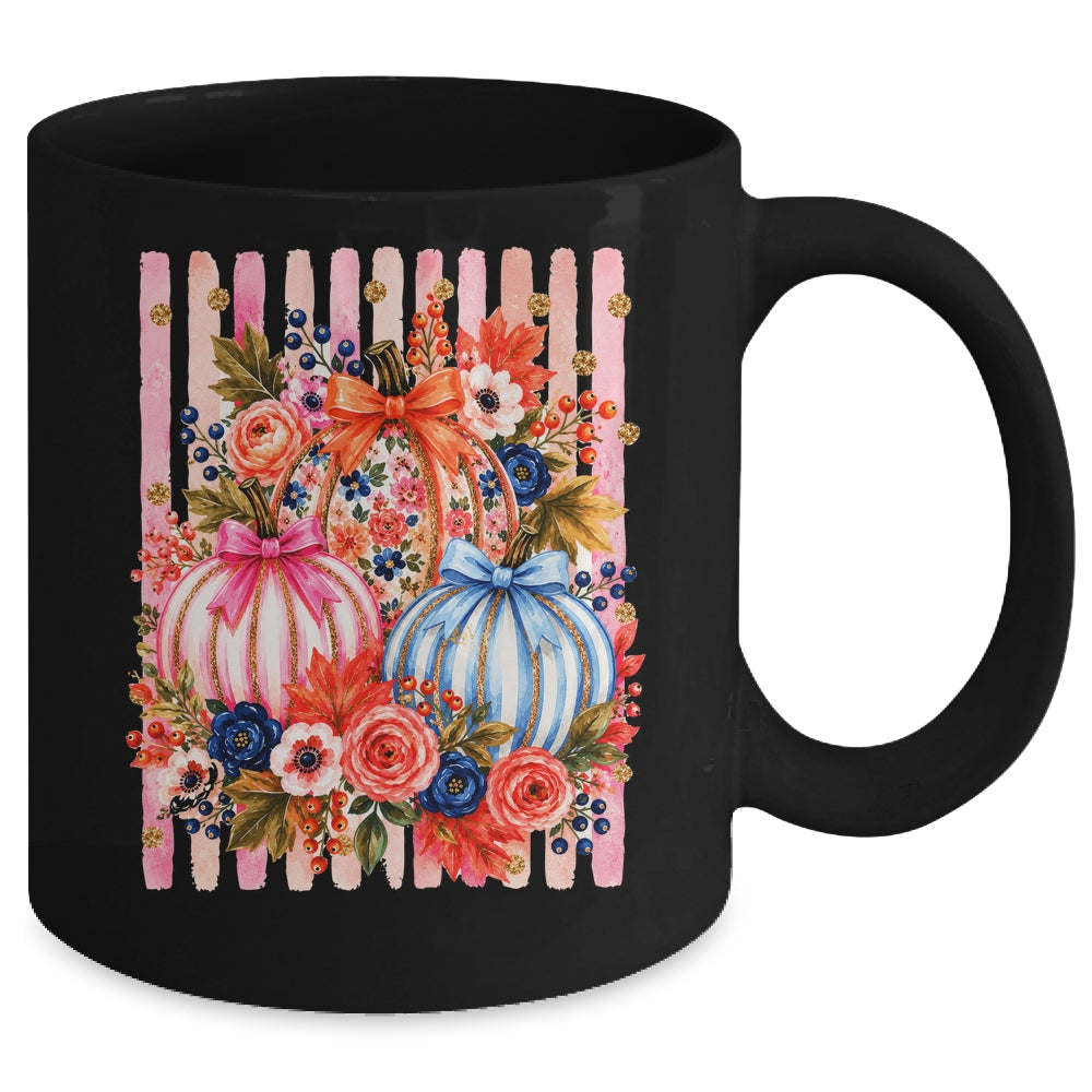 Fall Pumpkins Striped Preppy Floral Bow Pumpkin Women Girl Mug | teecentury