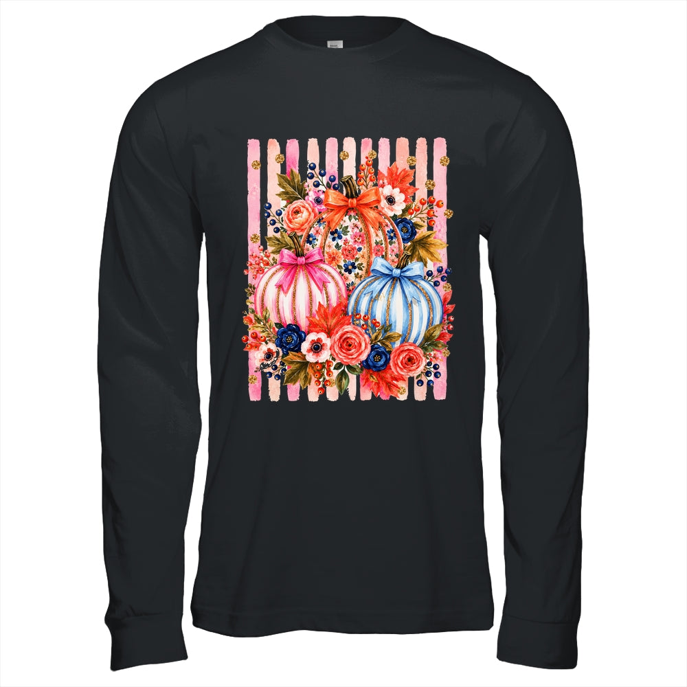 Fall Pumpkins Striped Preppy Floral Bow Pumpkin Women Girl Shirt & Hoodie | teecentury