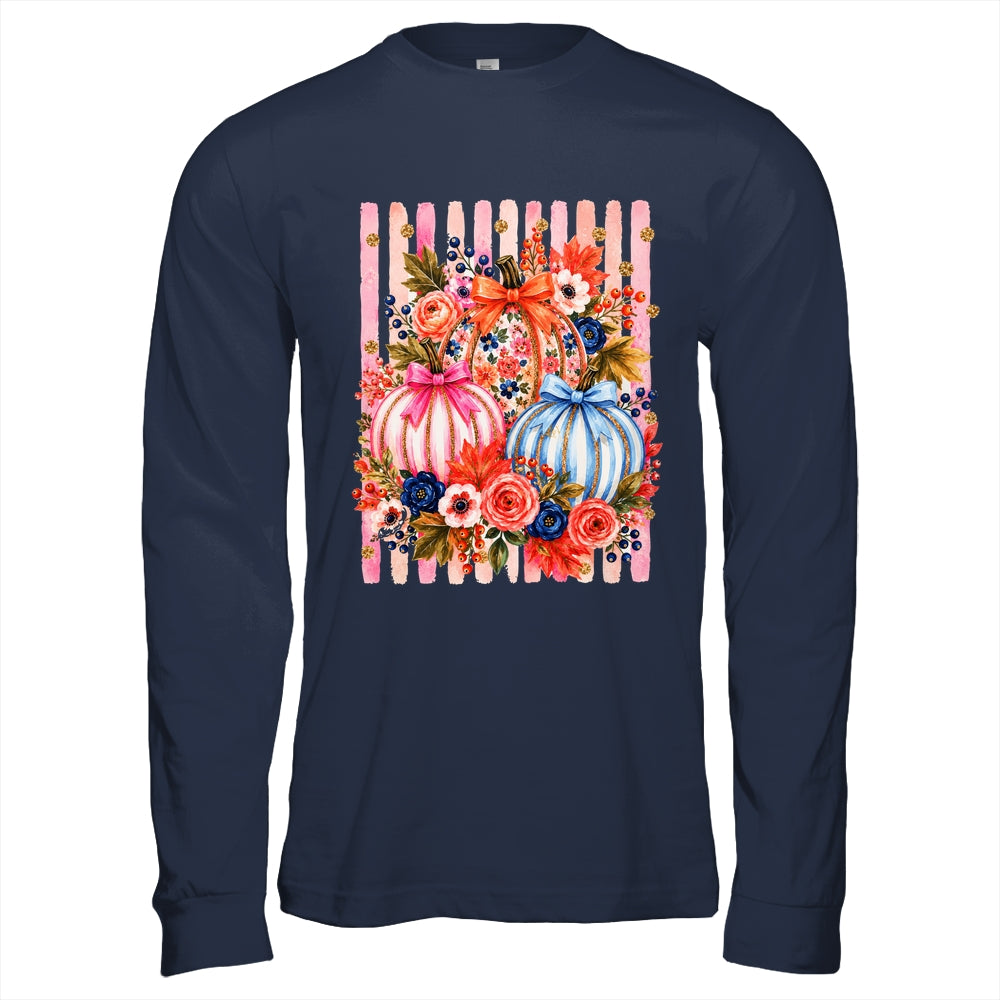 Fall Pumpkins Striped Preppy Floral Bow Pumpkin Women Girl Shirt & Hoodie | teecentury