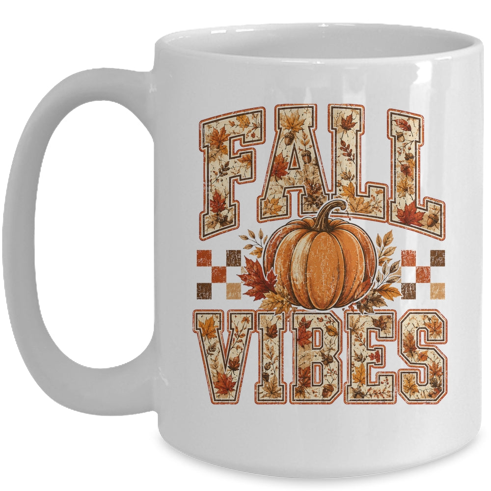 Fall Vibes Pumpkin Autumn Camo Checkerboard Thanksgiving Mug | teecentury