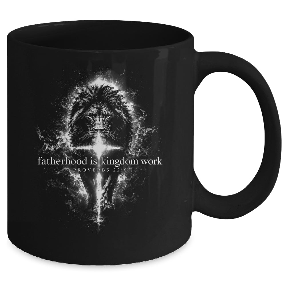 Fatherhood Is Kingdom Work Retro Faith Based Lion Cross Mug | teecentury