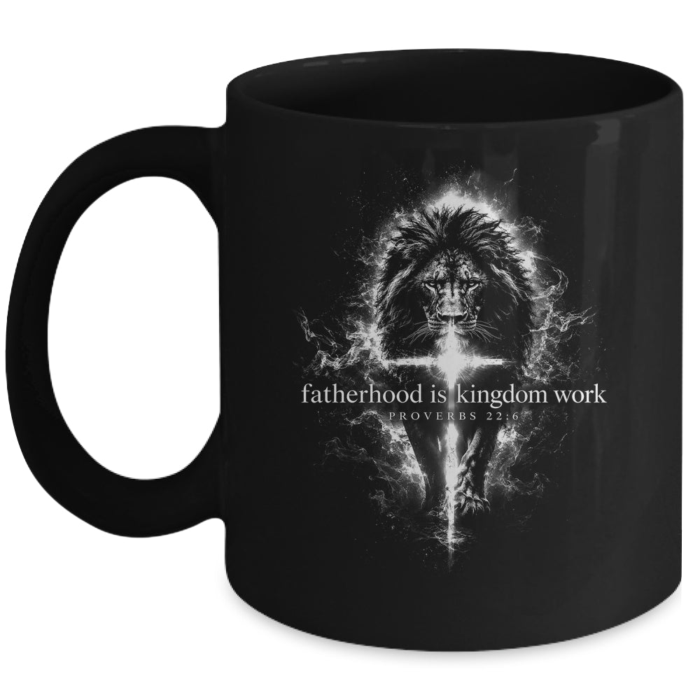 Fatherhood Is Kingdom Work Retro Faith Based Lion Cross Mug | teecentury