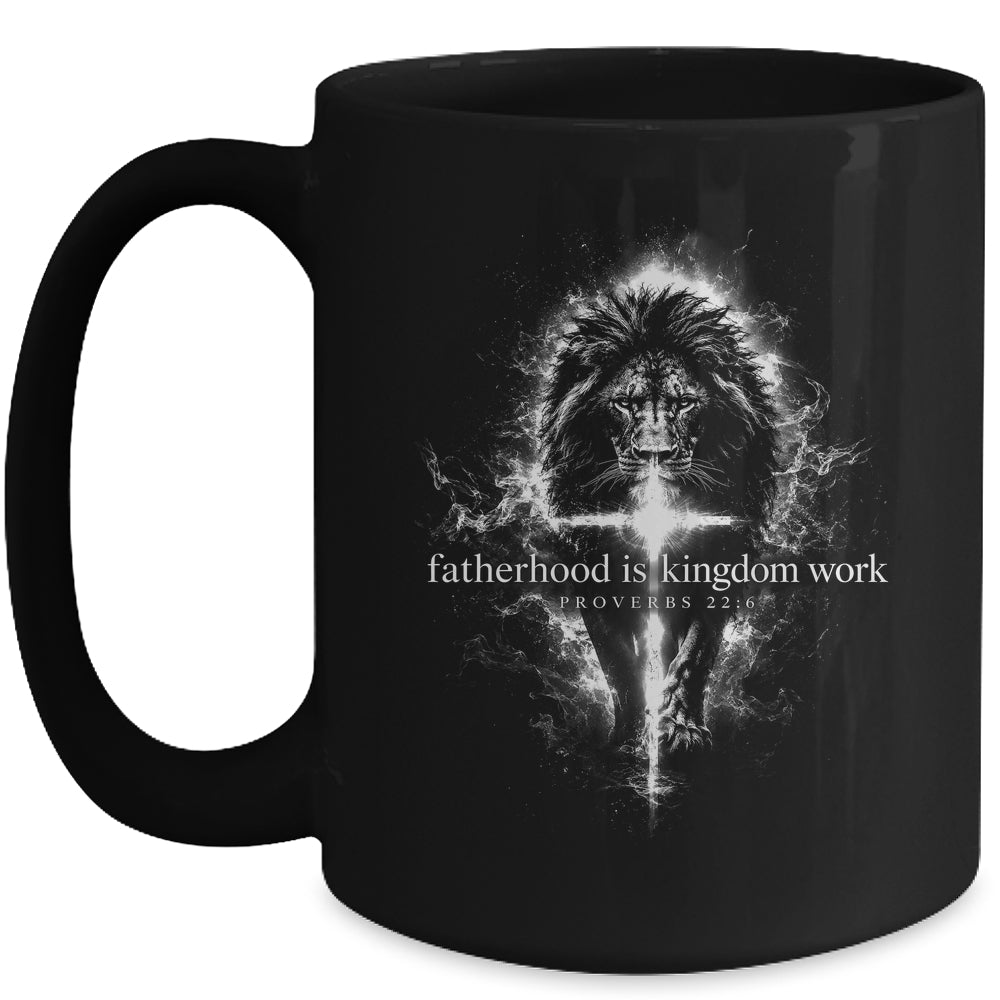 Fatherhood Is Kingdom Work Retro Faith Based Lion Cross Mug | teecentury