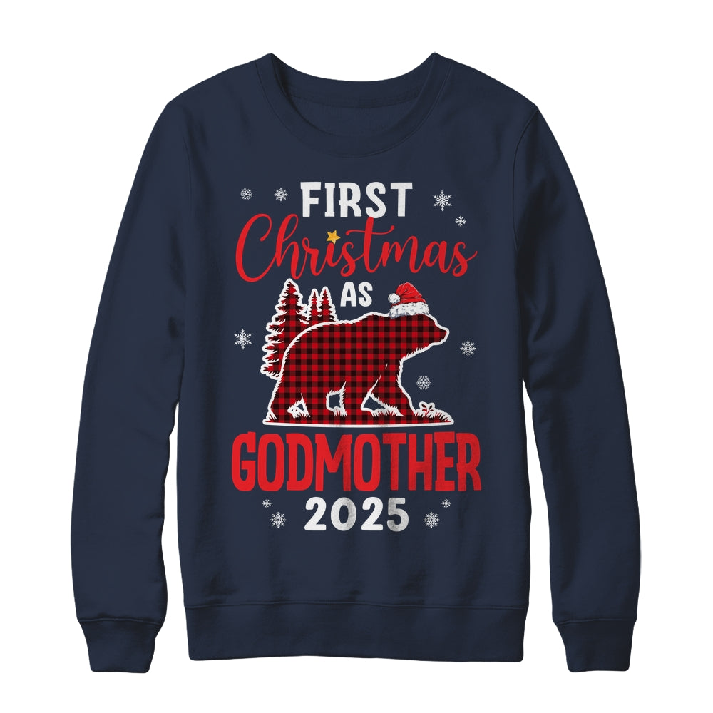First Christmas As Godmother Red Plaid Bear Santa Hat 2025 Shirt & Sweatshirt | teecentury