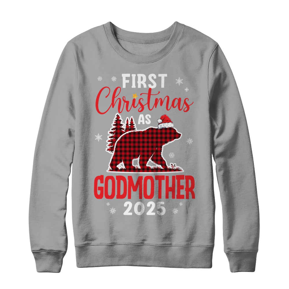 First Christmas As Godmother Red Plaid Bear Santa Hat 2025 Shirt & Sweatshirt | teecentury