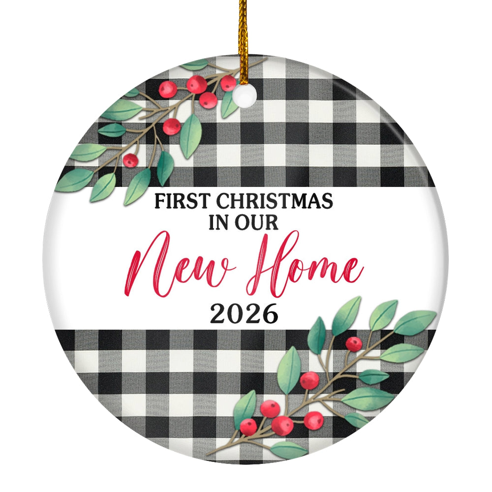 First Christmas In Our New Home Mr And Mrs 2025 Black White Buffalo Plaid For Wedding Newlywed Couple (20) Christmas Tree Ornament | teecentury