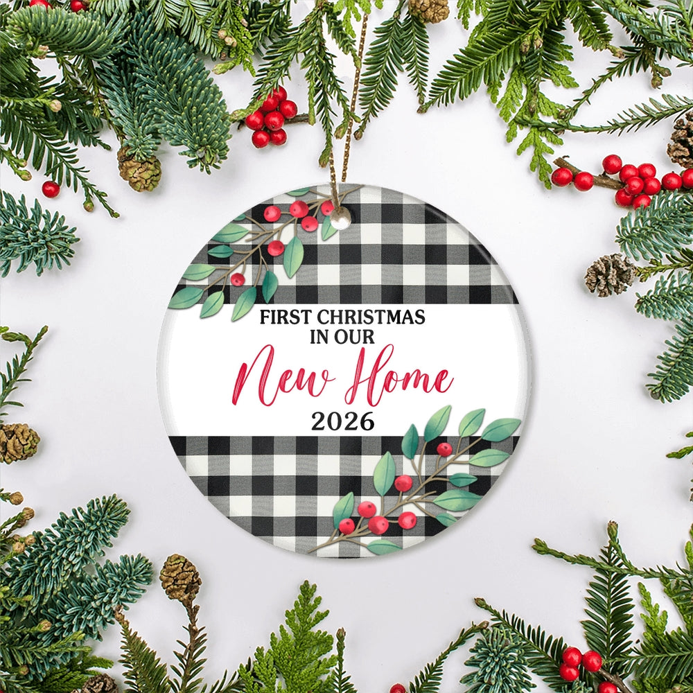 First Christmas In Our New Home Mr And Mrs 2025 Black White Buffalo Plaid For Wedding Newlywed Couple (20) Christmas Tree Ornament | teecentury