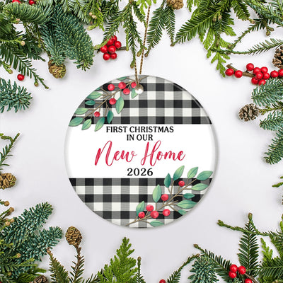 First Christmas In Our New Home Mr And Mrs 2025 Black White Buffalo Plaid For Wedding Newlywed Couple (20) Christmas Tree Ornament | teecentury