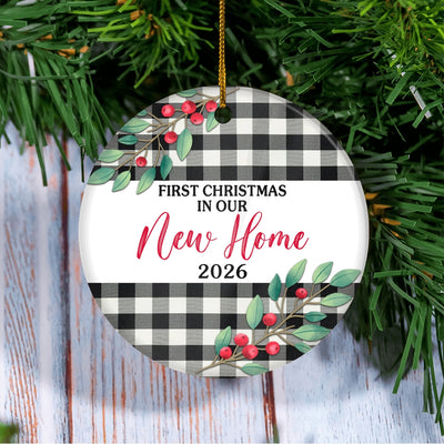 First Christmas In Our New Home Mr And Mrs 2025 Black White Buffalo Plaid For Wedding Newlywed Couple (20) Christmas Tree Ornament | teecentury