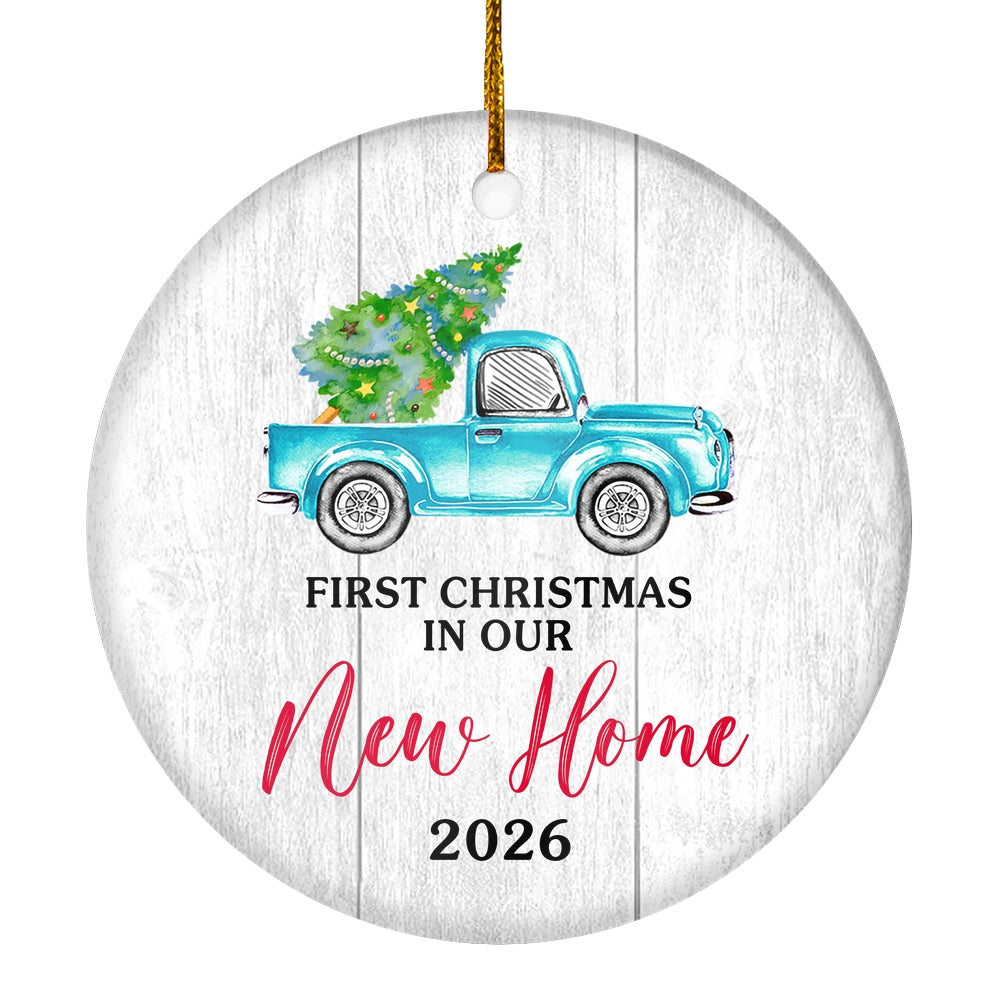 First Christmas In Our New Home Mr And Mrs 2025 Truck Tree Wood For Wedding Newlywed Couple (18) Christmas Tree Ornament | teecentury