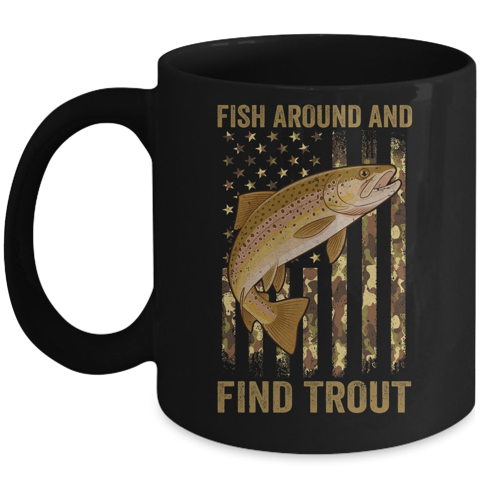 Fish Around And Find Trout Fishing American US Flag Camo Men Mug | teecentury