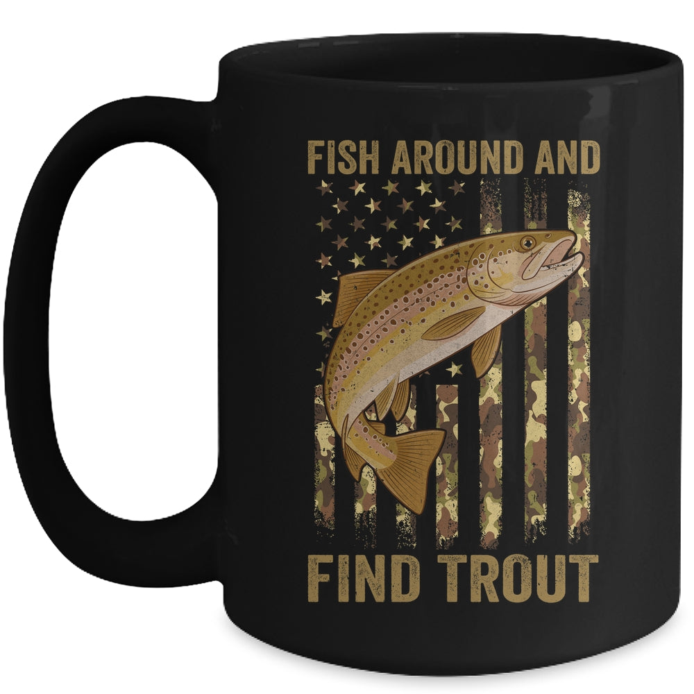 Fish Around And Find Trout Fishing American US Flag Camo Men Mug | teecentury
