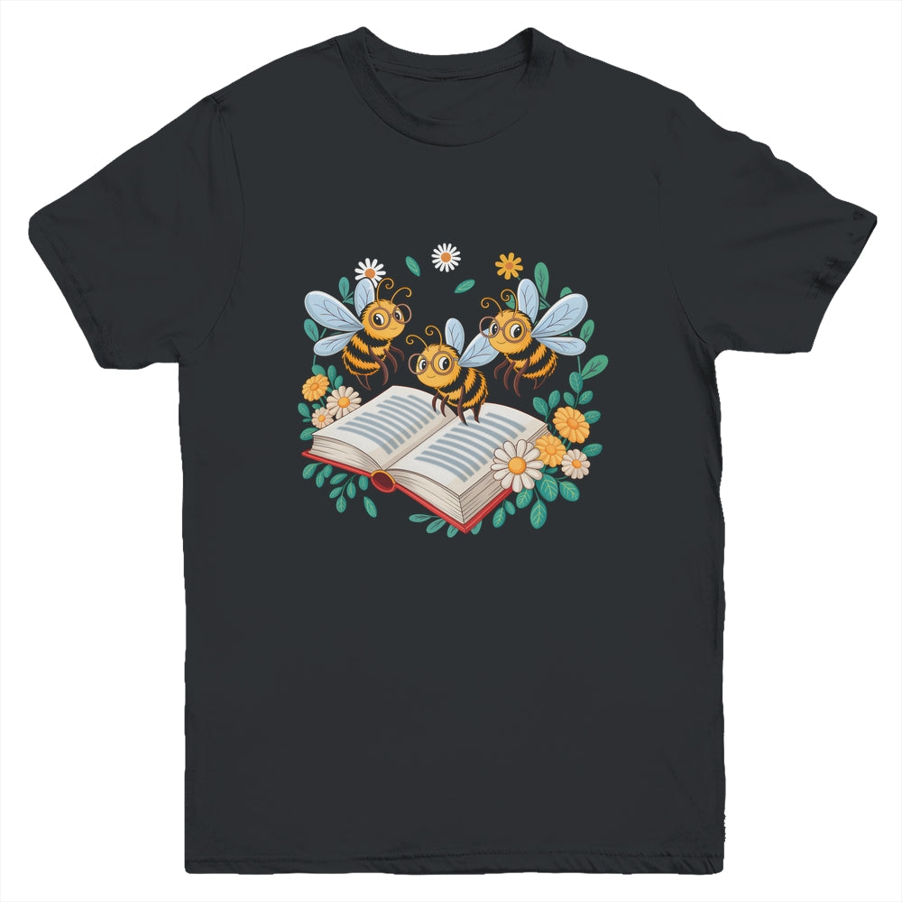 Floral Bee Reading Book Wildflower Bookish Librarian Bookworm Youth Shirt | teecentury