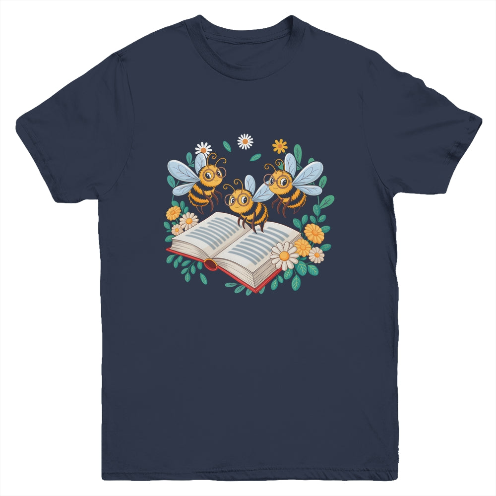 Floral Bee Reading Book Wildflower Bookish Librarian Bookworm Youth Shirt | teecentury