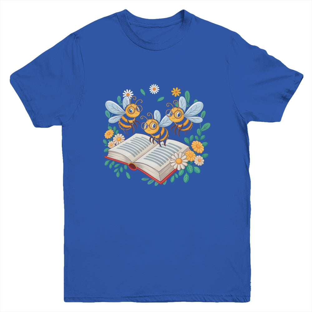 Floral Bee Reading Book Wildflower Bookish Librarian Bookworm Youth Shirt | teecentury