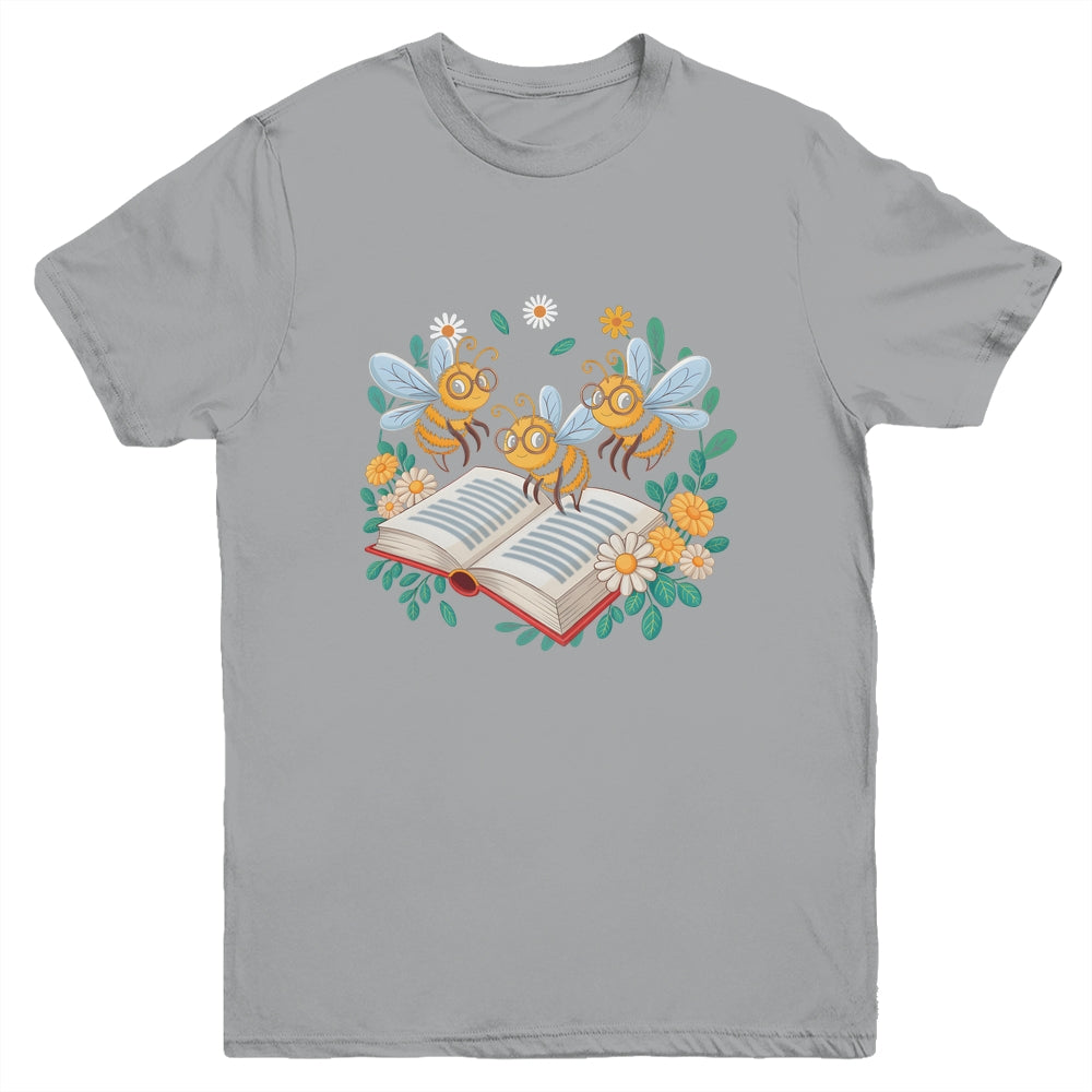 Floral Bee Reading Book Wildflower Bookish Librarian Bookworm Youth Shirt | teecentury