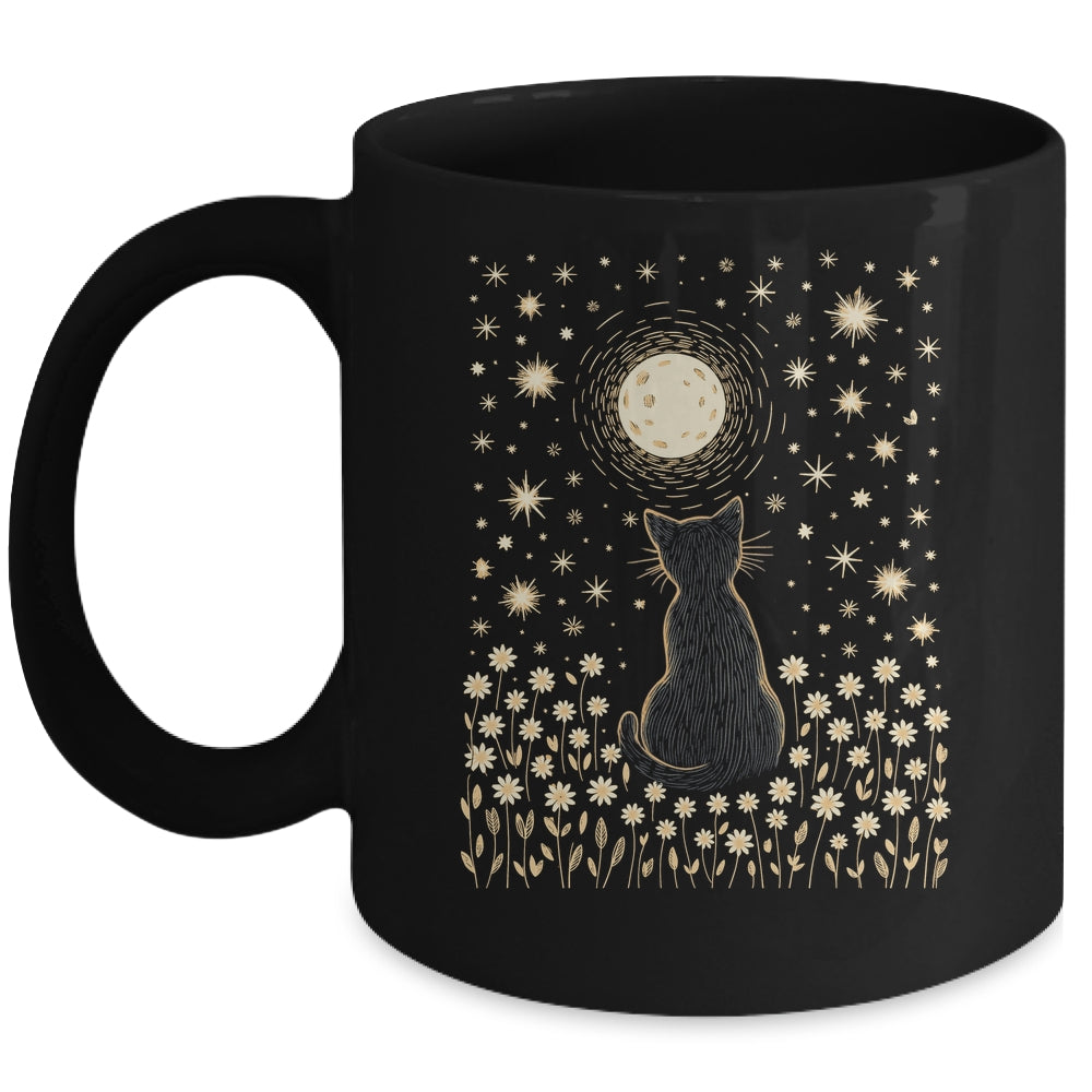 Floral Black Cat And Moon Halloween Cottagecore Aesthetic Mug | teecentury