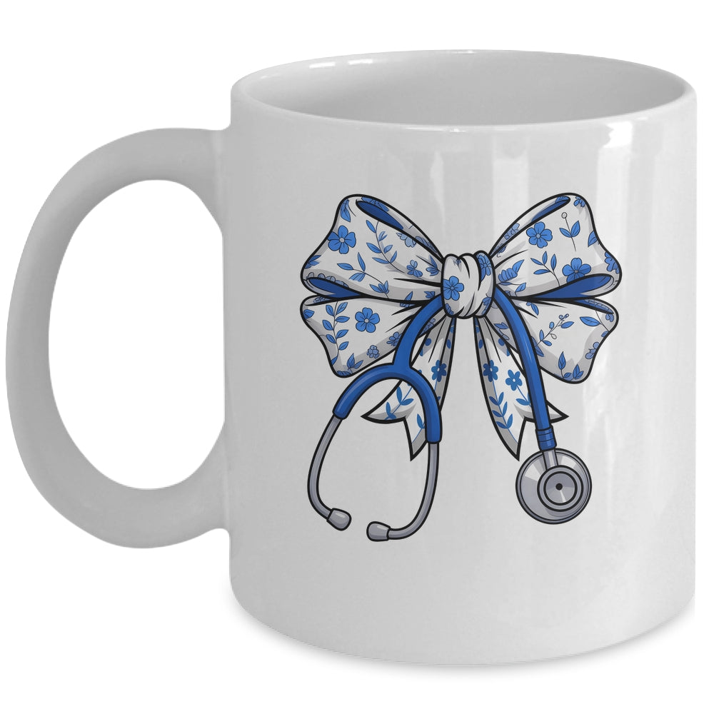 Floral Blue Coquette Bow Nurse Stethoscope Nursing Doctor Mug | teecentury