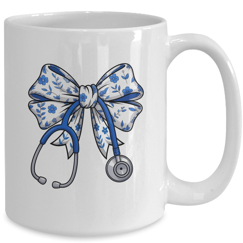 Floral Blue Coquette Bow Nurse Stethoscope Nursing Doctor Mug | teecentury