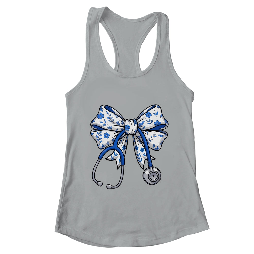 Floral Blue Coquette Bow Nurse Stethoscope Nursing Doctor Shirt & Tank Top | teecentury