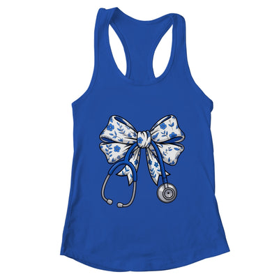 Floral Blue Coquette Bow Nurse Stethoscope Nursing Doctor Shirt & Tank Top | teecentury