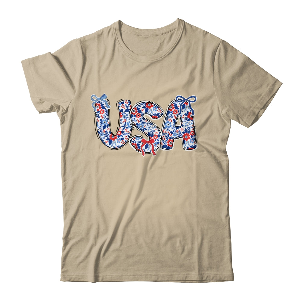 Floral Coquette USA Retro America 4th Of July Patriotic Girl Shirt & Tank Top | teecentury
