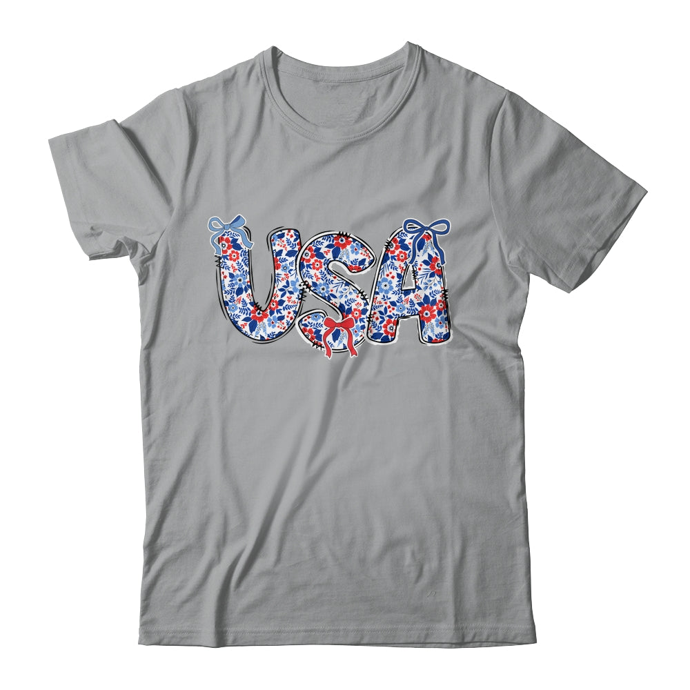 Floral Coquette USA Retro America 4th Of July Patriotic Girl Shirt & Tank Top | teecentury