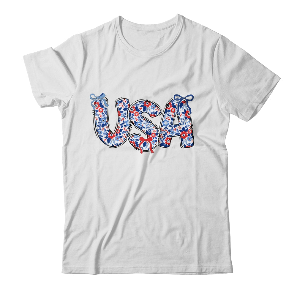 Floral Coquette USA Retro America 4th Of July Patriotic Girl Shirt & Tank Top | teecentury