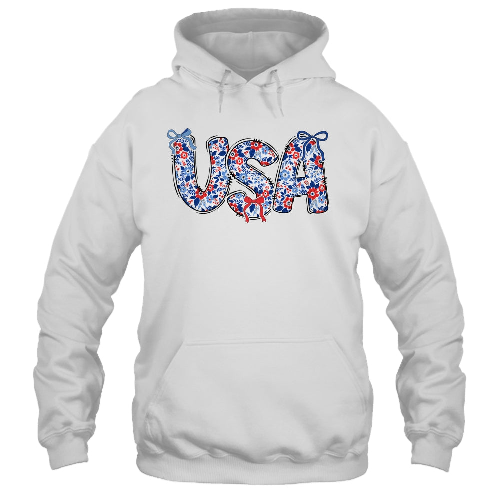 Floral Coquette USA Retro America 4th Of July Patriotic Girl Shirt & Tank Top | teecentury