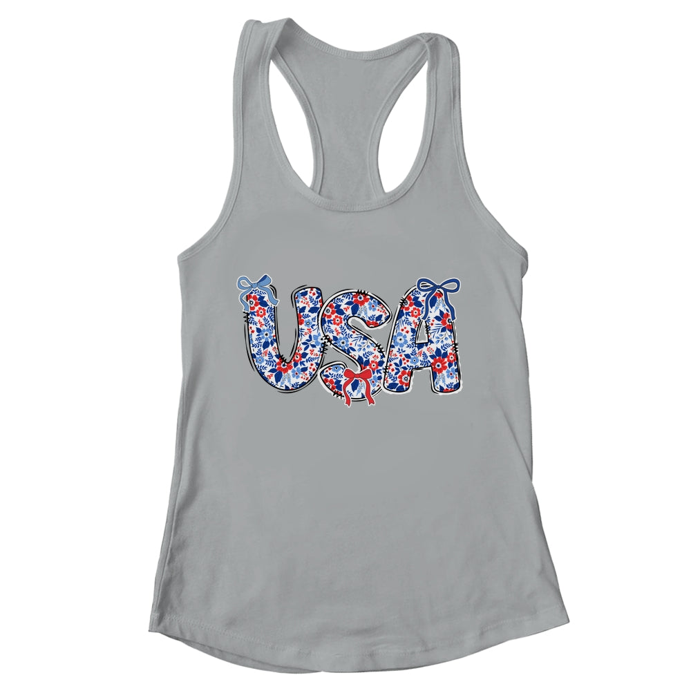 Floral Coquette USA Retro America 4th Of July Patriotic Girl Shirt & Tank Top | teecentury