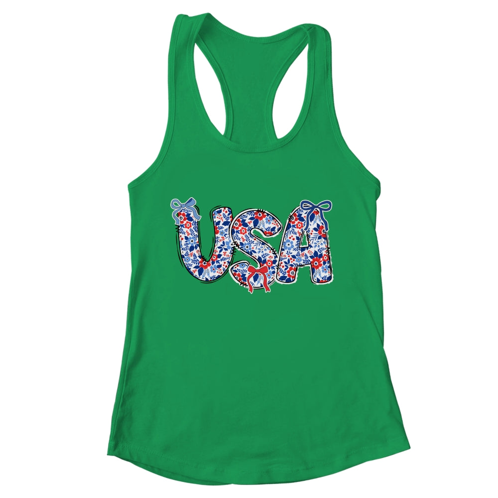 Floral Coquette USA Retro America 4th Of July Patriotic Girl Shirt & Tank Top | teecentury