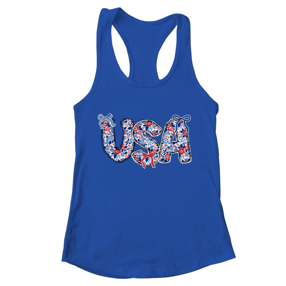 Floral Coquette USA Retro America 4th Of July Patriotic Girl Shirt & Tank Top | teecentury
