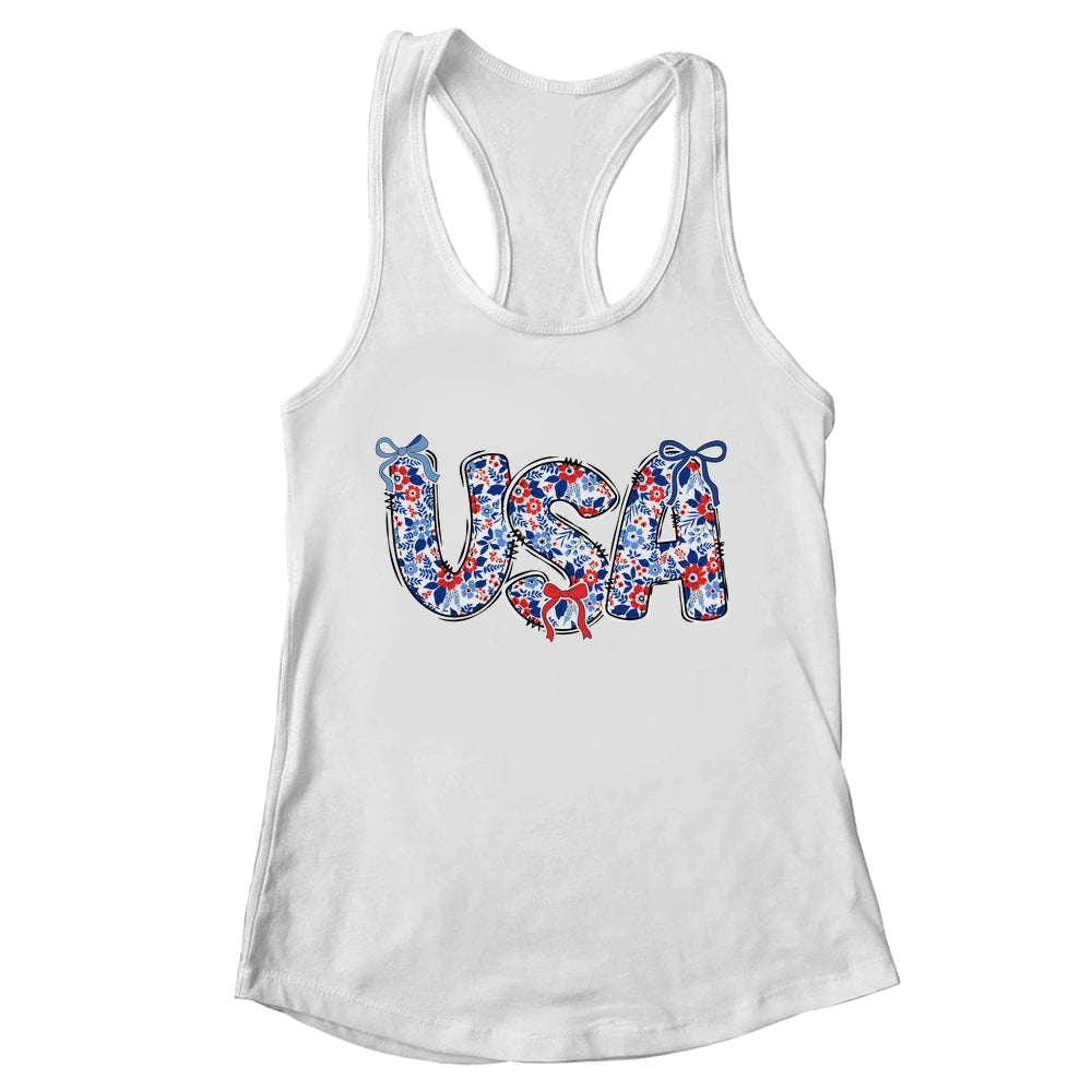 Floral Coquette USA Retro America 4th Of July Patriotic Girl Shirt & Tank Top | teecentury
