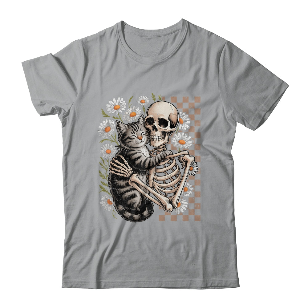 Floral Skeleton Hugging Cat Halloween Cat Lover For Mom Dad Shirt & Sweatshirt | teecentury